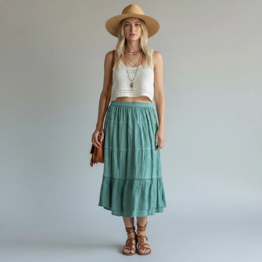 Serengeti Tiered Embroidered Midi Skirt Aqua Mint Boho Elastic Waist Rayon M